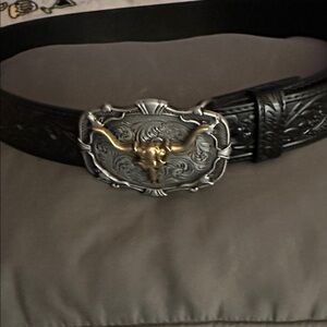 Men's Black Leather Belt with Silver Buckle